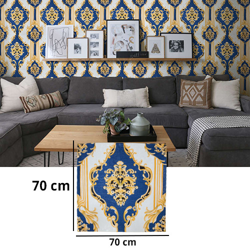 3D Distinctive Royal Engraving Blue & White with Orange Line Design Wallpaper For Wall PE Foam Wall Stickers Self Adhesive(70 X 70cm)