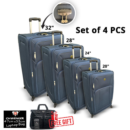 4Pcs High Quality Dark Blue Travel Luggage Set Soft Fabric Material Travel Bag Set, Durable, Flexible+ Laptop Bag Free Gift