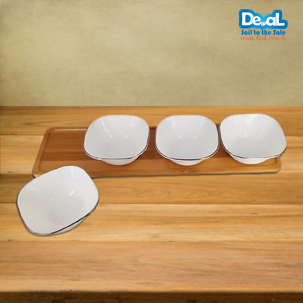 5pcs Silver Snack Set Bowls With A bamboo Tray