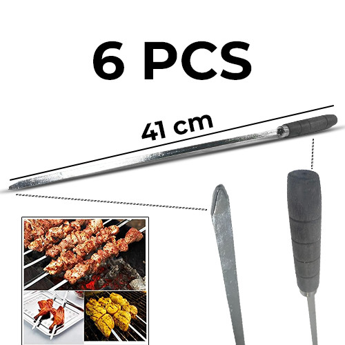 6+Pieces+Stainless+Steel+BBQ+Skewers+Set+With+Wooden+Handle