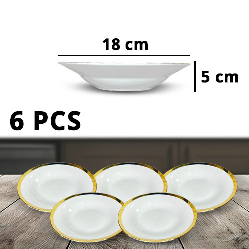 6Pcs+White+Ceramic+Round+Plate+Gold+Line+Design+7Inch+18x5cm