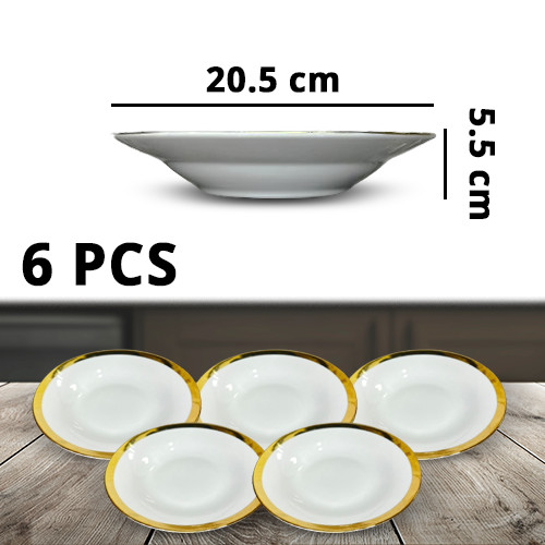 6Pcs+White+Ceramic+Round+Plate+Gold+Line+Design+8Inch+20.5x5.5cm
