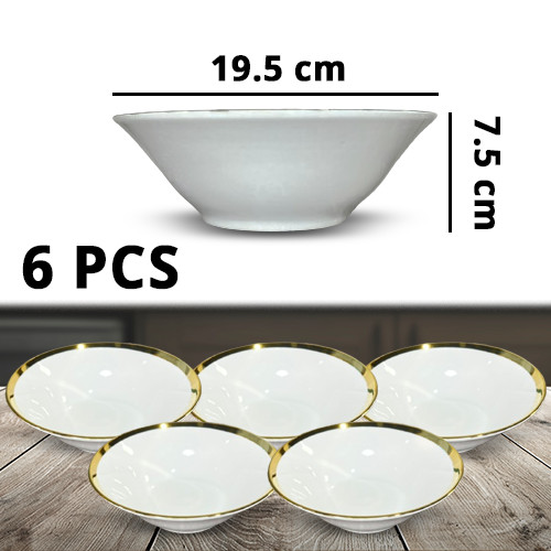 6Pcs+White+Ceramic+Salad+and+Soup+Bowl+Gold+Line+Design+8Inch+19.5x7.5cm