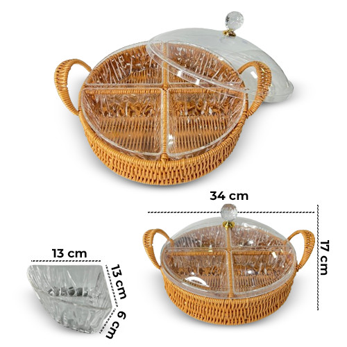 Acrylic Cake and Bread Luxury Wicker Circular Basket Four Sections With Two Handles