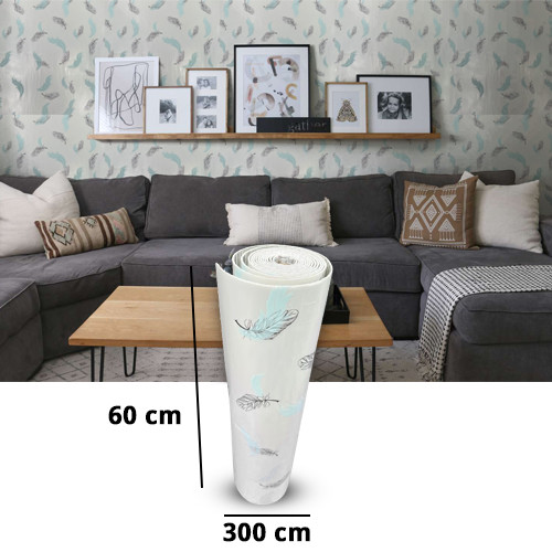 Ivory With Feather Design Adhesive Tape Wall Foam Roll (3M X 60cm)