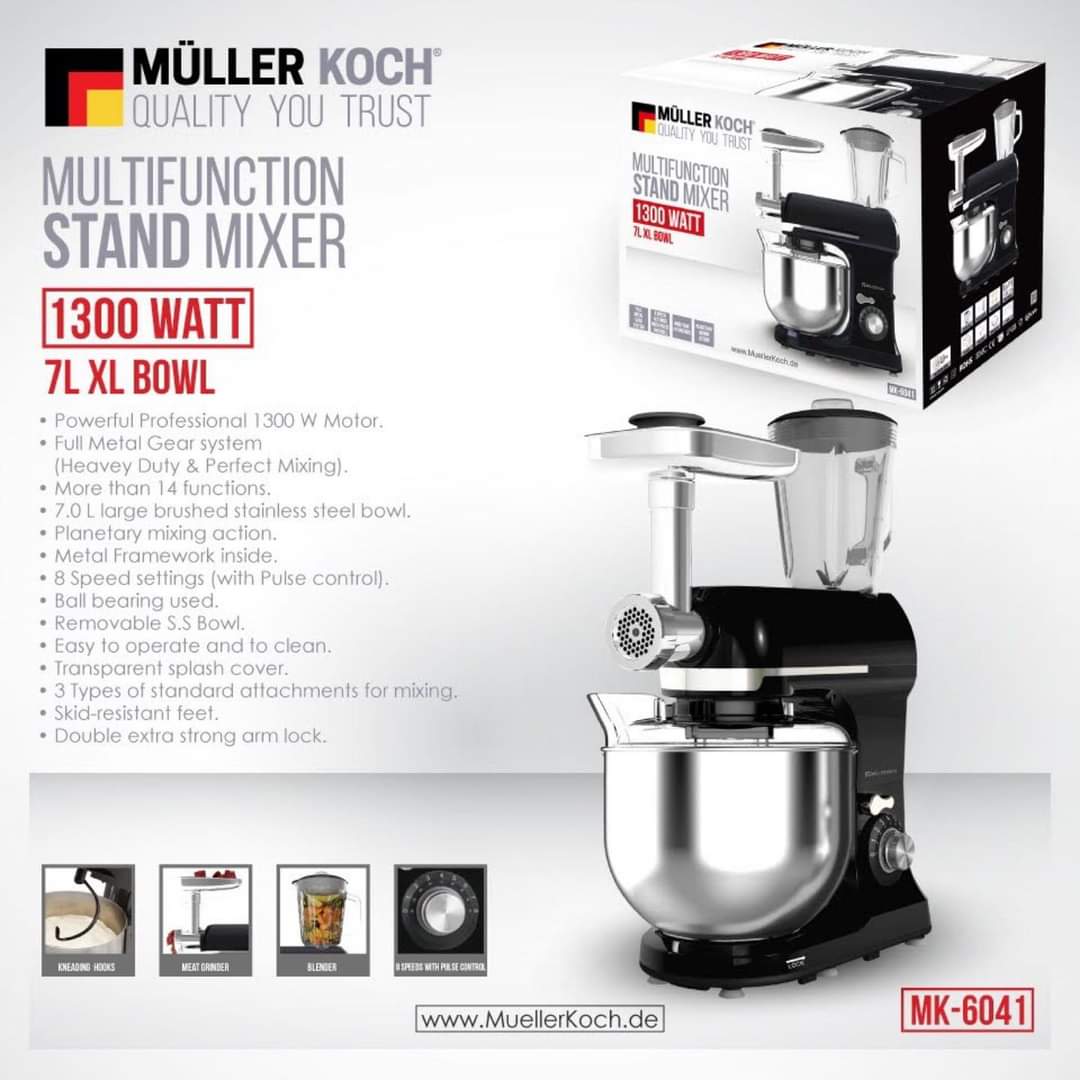 MüllerKoch Küchenmaschine kräftiger 1300W Motor 7L Edelstahl-Rührschüssel MK6039 