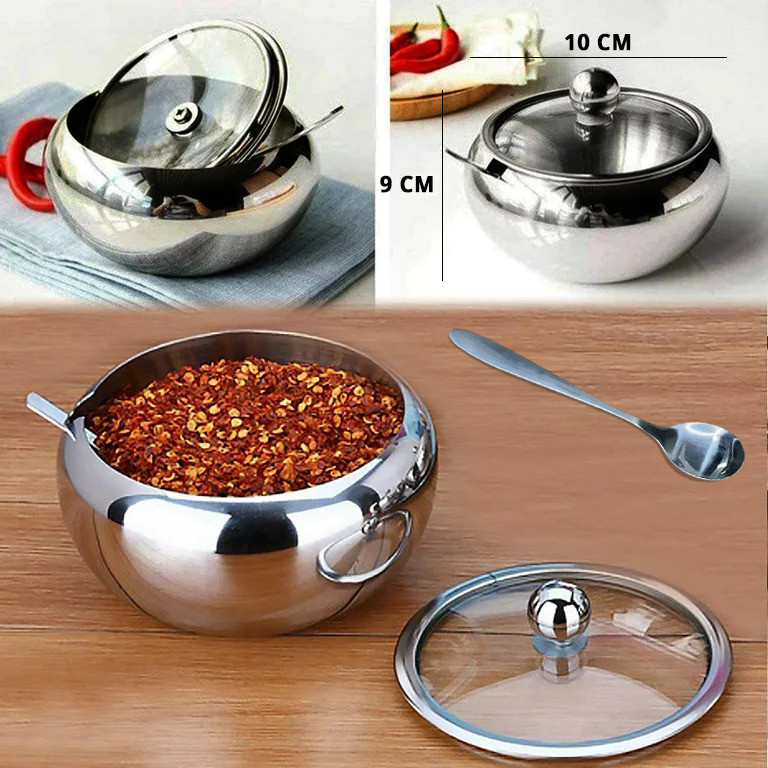 Stainless+Steel+Sugar+and+Spices+Bowl+With+Spoon+and+Clear+Glass+Lid
