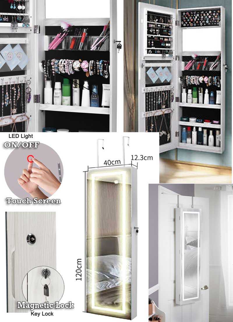 Wall Or Door Mounted Mirrored Jewelry Cabinet Organizer With