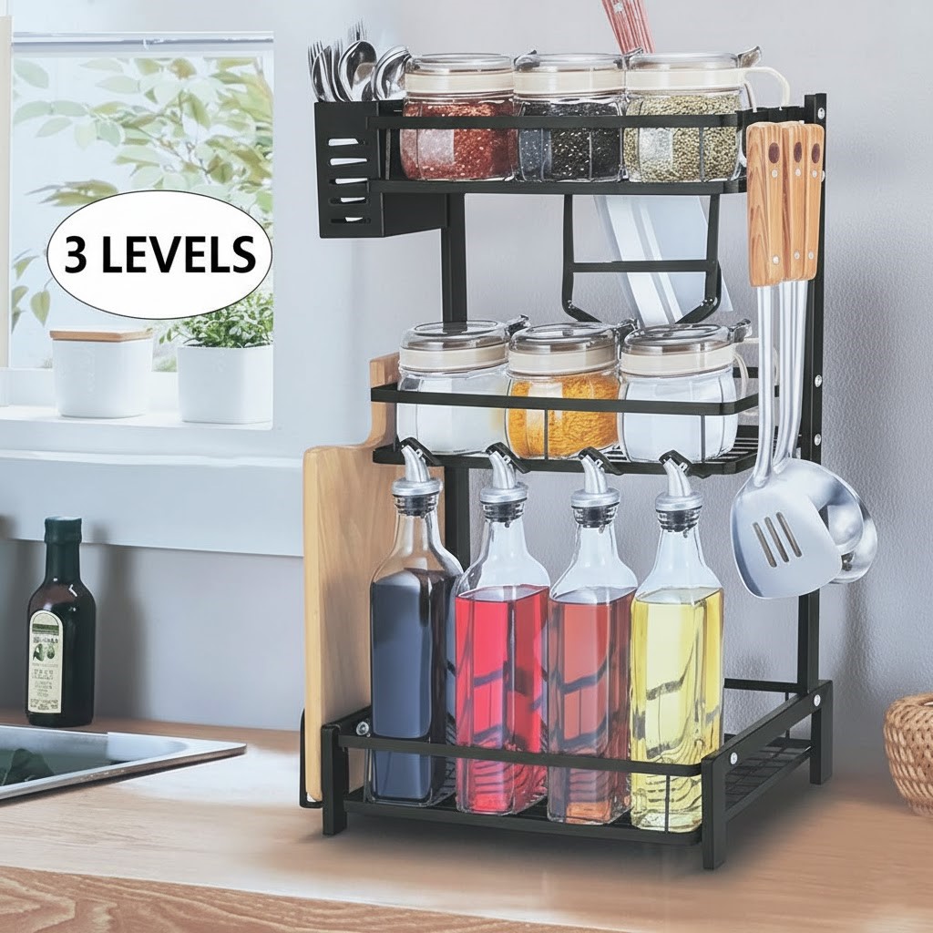 3 Tier Spice Rack with 3 Side Hooks – Multifunctional Kitchen Storage ...