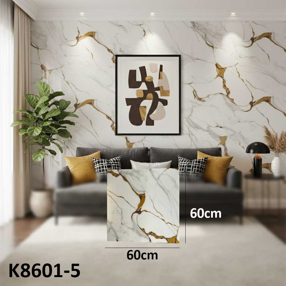 (60X60cm) Bright White Background and Dramatic Gold and Gray Veining Wall Sticker Foam Self Adhesive For Wall Decor K8601-5
