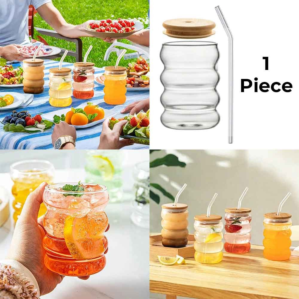 كوب زجاجي مع غطاء من الخيزران وشفاط  | Glass Cup with Bamboo Lid and Straw