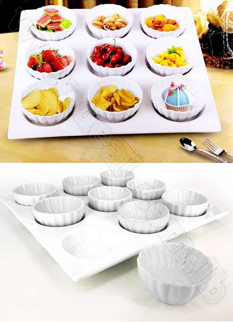 1 Square Plate and 9 Round Bowls