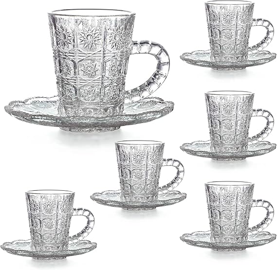 12 Pieces High Quality Clear Engraved Design Drinking Glass Tea Cup Set with Saucer