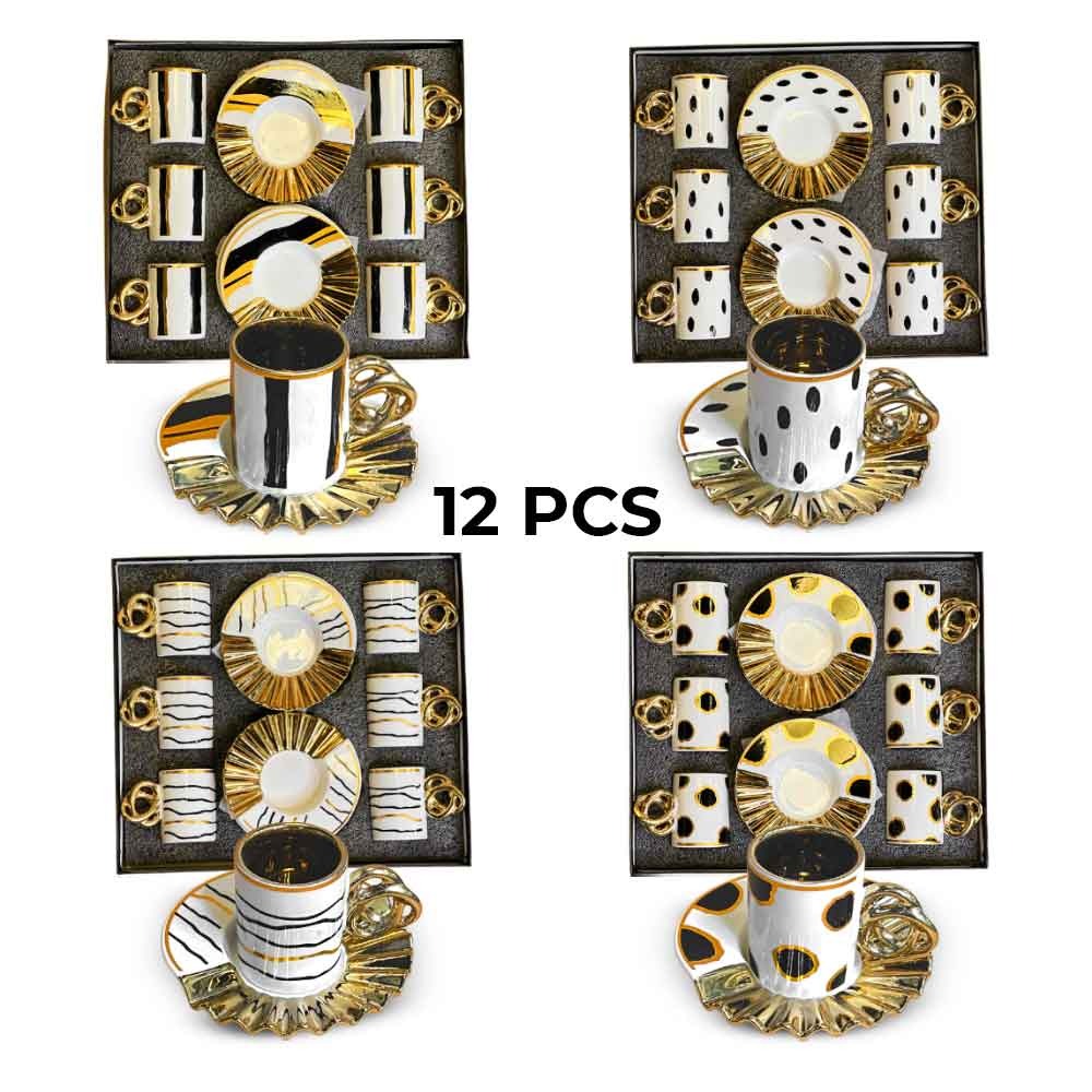 12-Pieces Luxury Coffee Cup & Saucer Set – Modern Gold-Trimmed Designs with Unique Handles and Gift Packaging