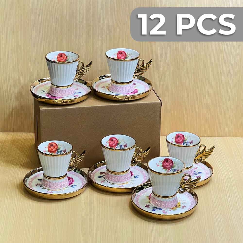 12 Pieces Luxury Floral Porcelain Coffee Cup Set with Gold Wing Handle and Matching Saucer Premium Quality