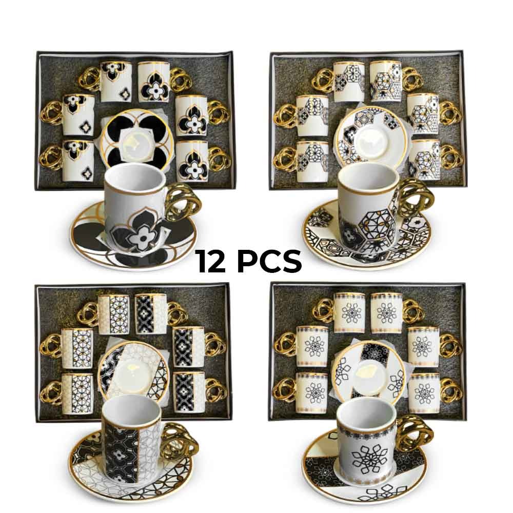 12-Pieces Premium Porcelain Coffee Cup and Saucer Set – Bold Black & White Patterns with Gold Handles, Elegant
