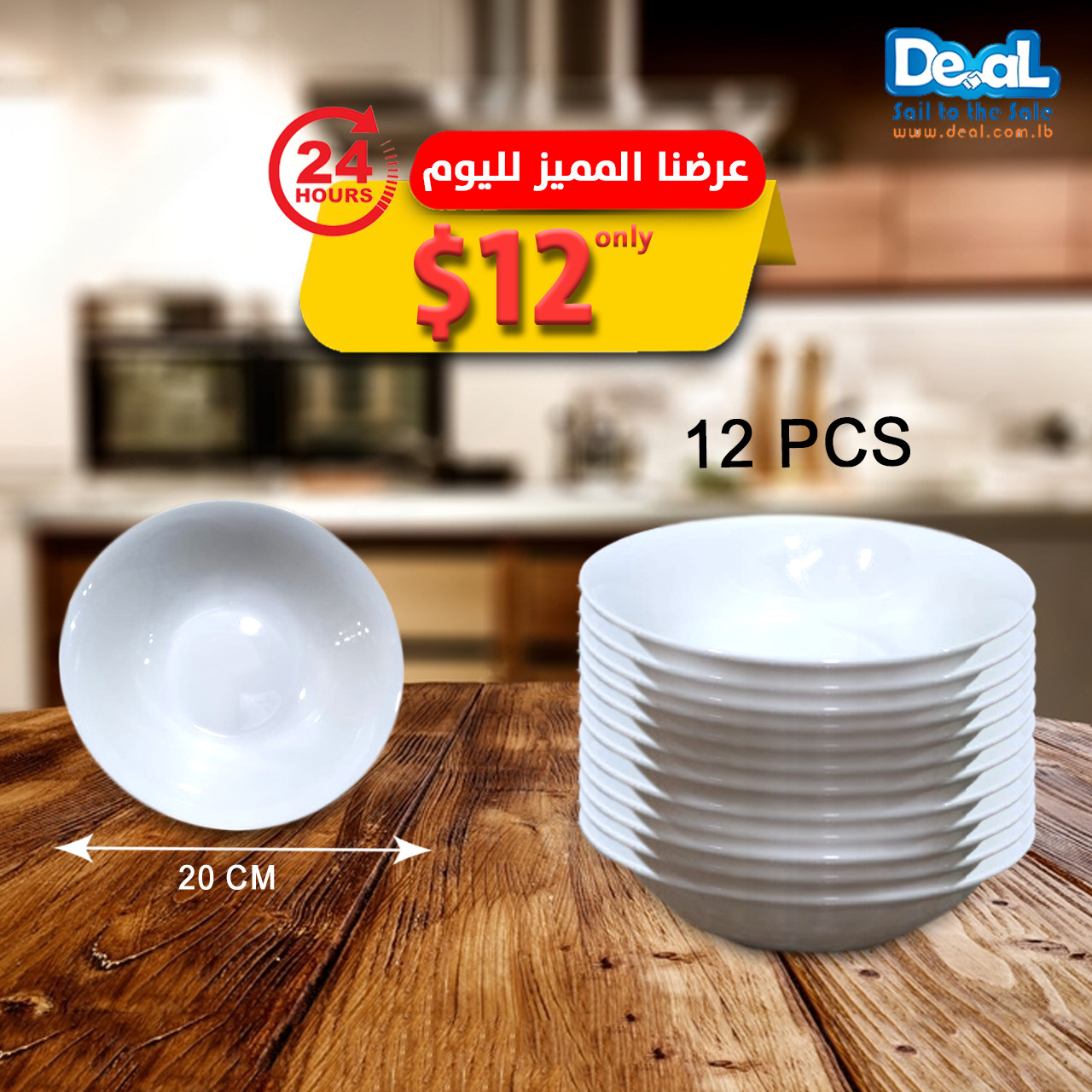 12Pcs White Ceramic Bowl Size 20CM
