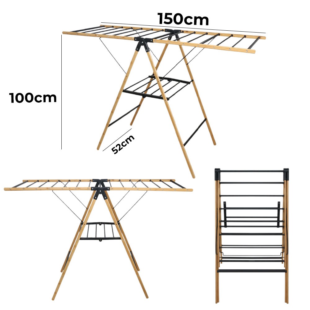 150x100x52cm Bamboo Clothes Dryer Rack Easy Home Foldable Garments Hanging Dry Wooden Laundry Clothes Drying Rack