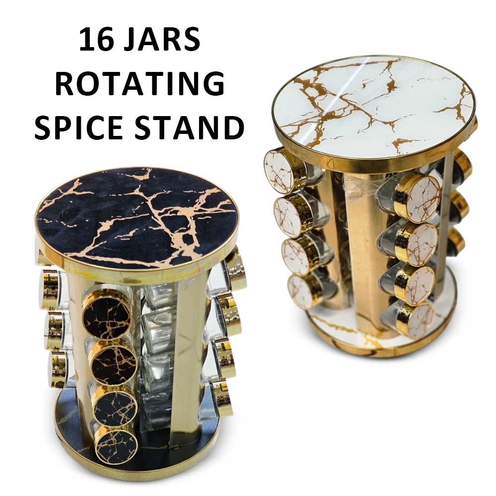 16 Jars Rotating Spice Stand with Marble Design,Stainless Steel Rotating Stand Space Saving and Super Elegant