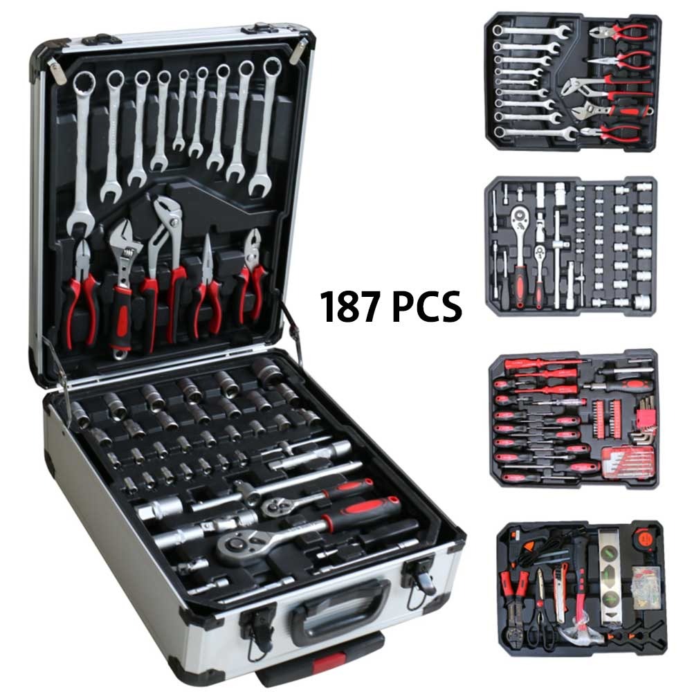 187 Pcs Professional Tool Set Chrome Vanadium,Rolling Wheels Aluminum Trolley Case Tool Box 4 Layers