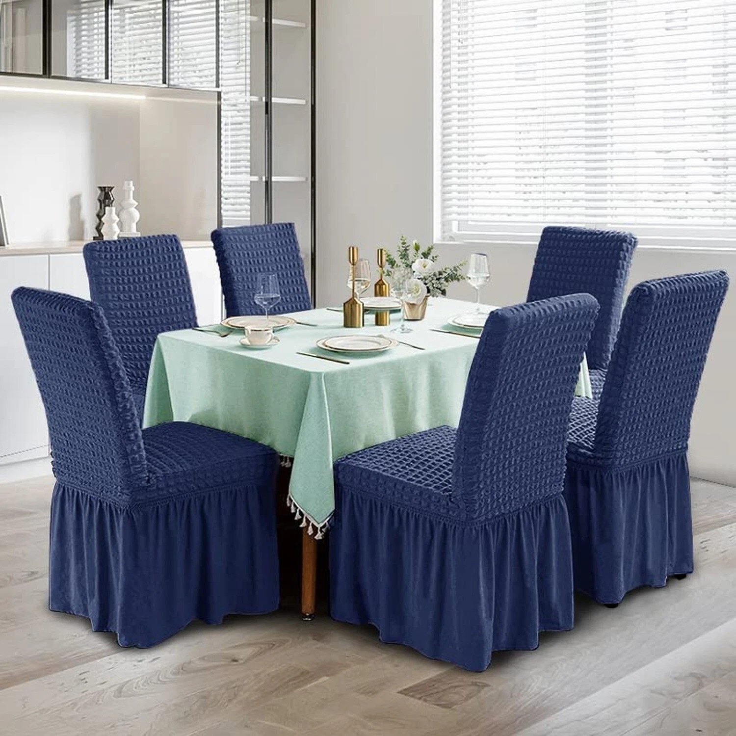 1Piece Stretch Dining Chair Covers with Skirt Spandex Dining Room Chair Cover Washable Removable Furniture Protector for Home Ceremony Banquet Wedding Party
