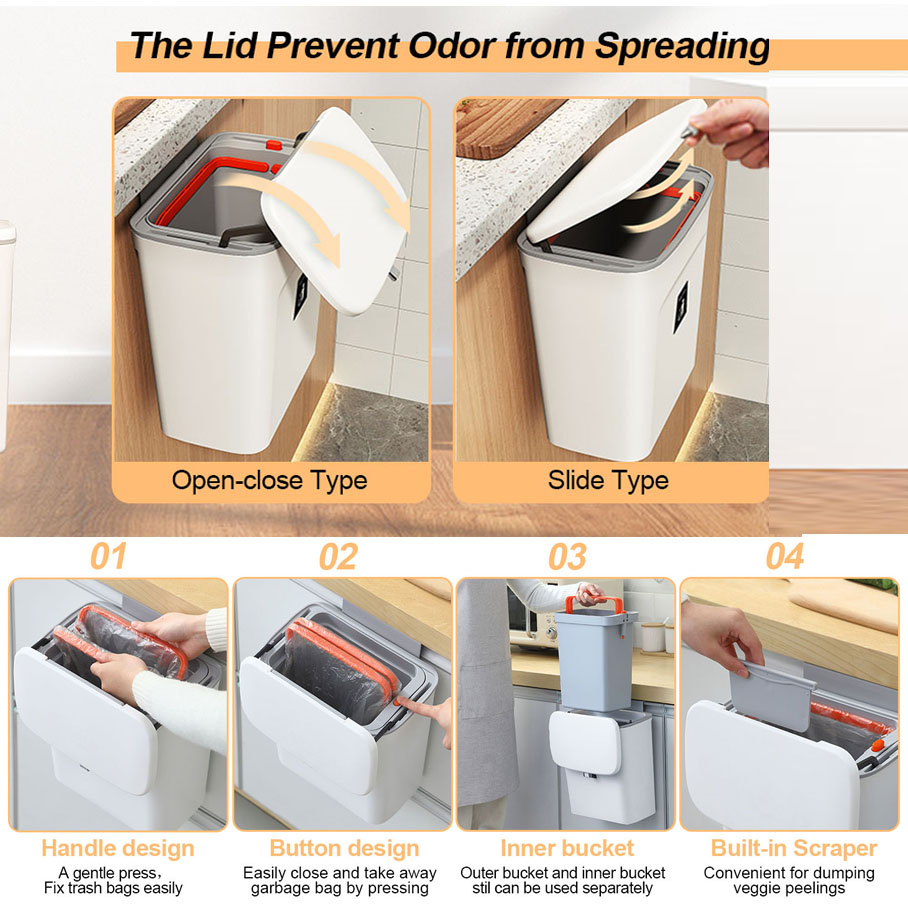 2 IN 1 Kitchen Trash Can with Slide Lid, Under Sink Garbage Can, 2.4 Gal Waste Bins with Inner Barrel, Portable Hang Trash Bin for Cabinet Door, Cupboard, Counter, Bathroom, with Sticky Hook & Scraper