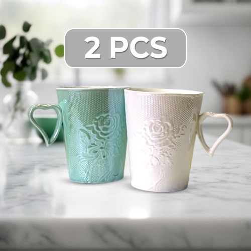 2 Pieces Ceramic Cup Flower Design Heart Shape Handle