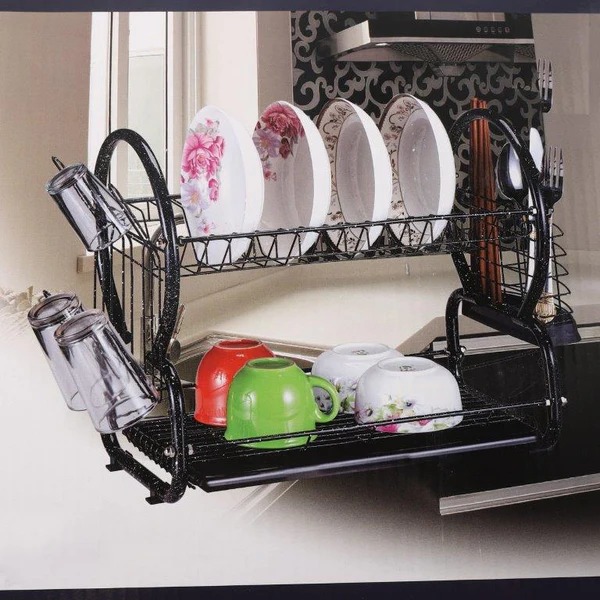 2 Tier Black Metal Dish Drying Rack,Granite Coating Dish Rack