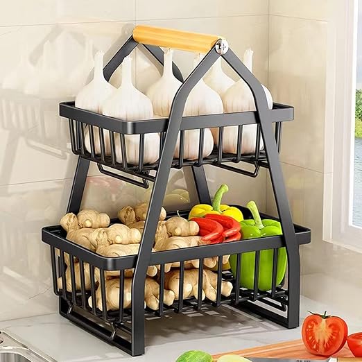2+Tier+Countertop+Fruit+Basket%2C+Removable+Metal+Rectangular+Wire+Basket%2C+Black+Vegetable+Bread+Basket+Storage+Rack%2C+Kitchen+Table+Top+Fruit+Bowl+%28Black%29