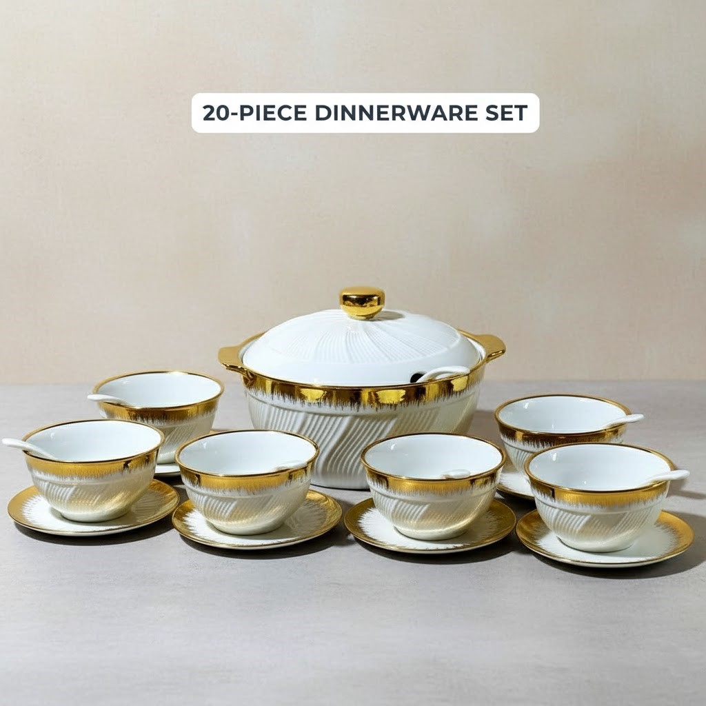 20 Pcs White Ceramic Dinner Set Modern style Golden Rimmed,Elegant For Invitations and Family Gatherings