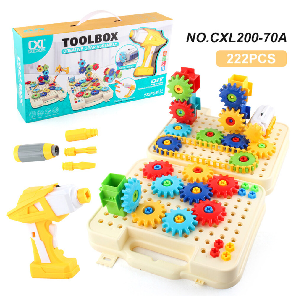 222pcs DIY assembly electric gear spinning building block drilling screw creative tool box puzzle blocks for kid educational toy