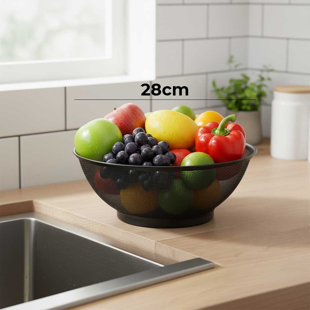 28cm Mesh Strainer Colander,Metal Kitchen Strainer Black,Durable Fine Mesh for Draining & Rinsing