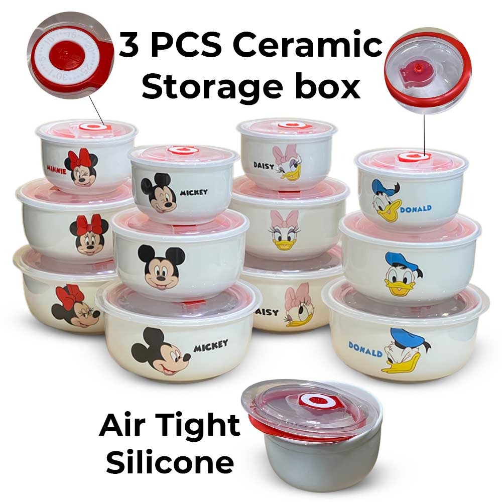 أوعية تخزين ديزني سيراميك – 3 قطع مع غطاء محكم | Disney Ceramic Storage Bowls
