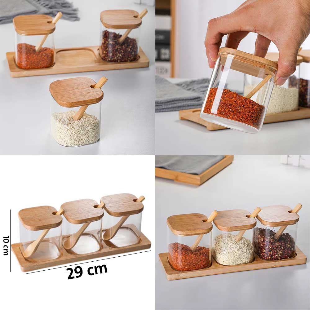 3-Pieces Glass Spice Jar Set with Bamboo Lids & Tray