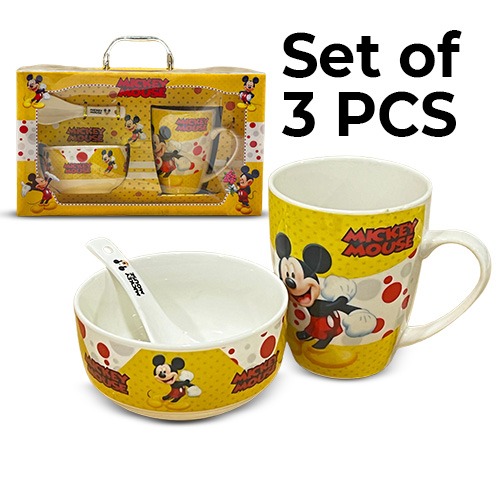 3 Pieces Kids Ceramic Dinner Set Spoon & Bowl & Mug (Mickey Mouse)