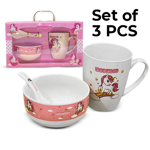 3 Pieces Kids Ceramic Dinner Set Spoon & Bowl & Mug (Unicorn)