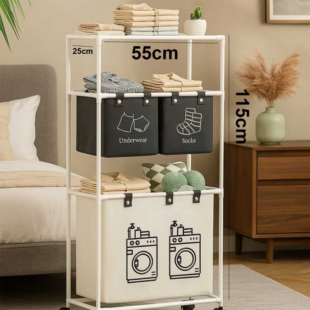 3-Tier Laundry Sorter Basket with Wheels Foldable Fabric Hamper Organizer with Labels for Underwear, Socks, and Dirty Clothes Space-Saving Storage Rack for Laundry Room or Bedroom