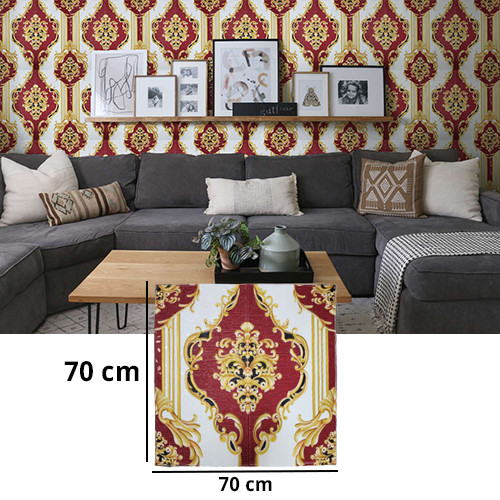 3D Distinctive Royal Engraving Red & White with Golden Line Design Wallpaper For Wall PE Foam Wall Stickers Self Adhesive(70 X 70cm)