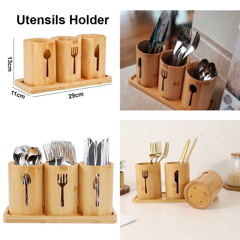 4 Pieces Bamboo Cutlery Holder Set with Drain Base  Utensil Organizer for Spoons, Forks & Knives