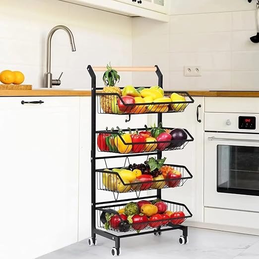 4 Tier Fruit Vegetable Storage Basket Rolling Cart with Handle and Wheels Trolley Cart for Kitchen Storage Organization
