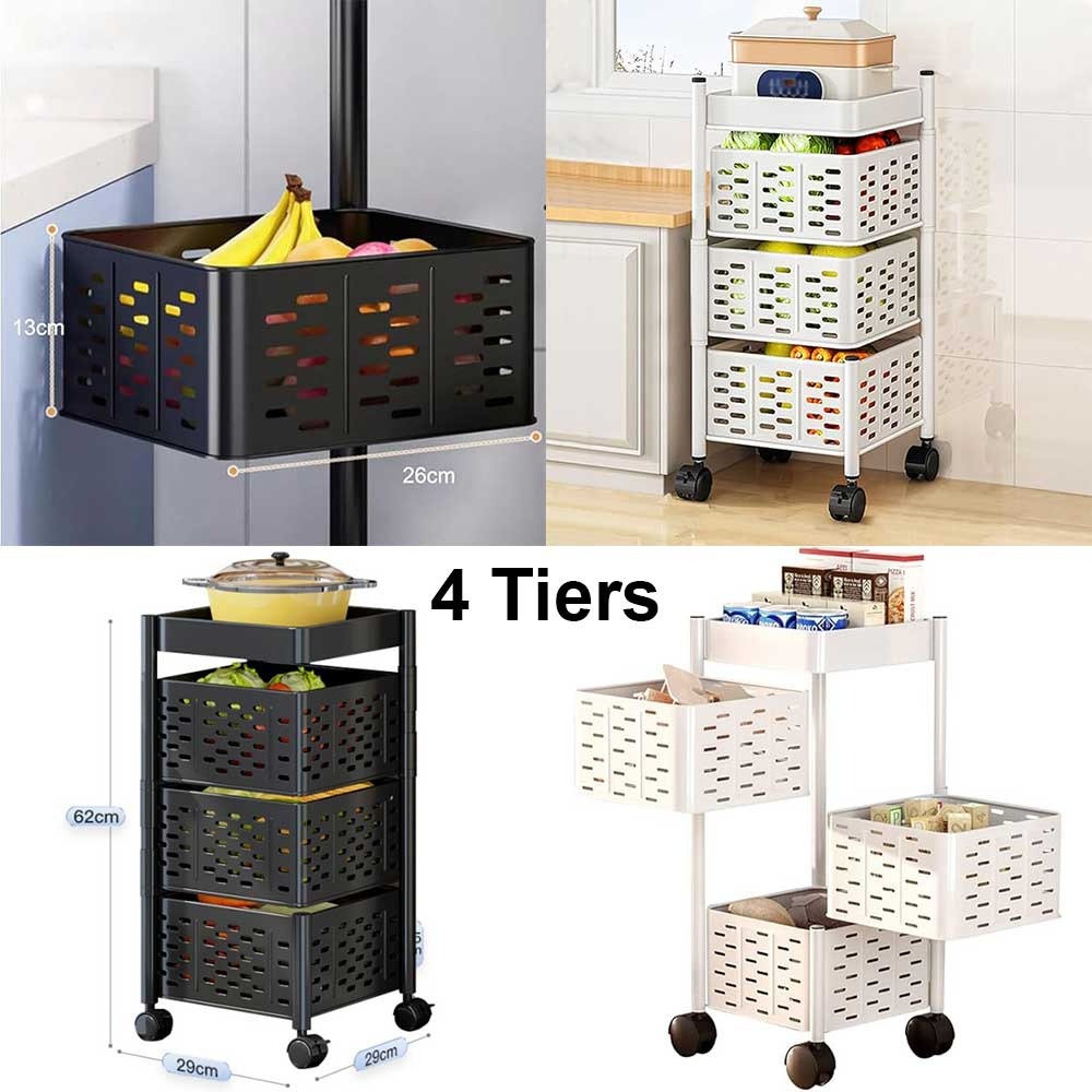 4 Tier Kitchen Floor Standing Multi-Layer Storage Basket Rack,Cart with Wheels For Vegetables,Fruits,Grocery,Space-Saving Multi-Layer Storage Basket