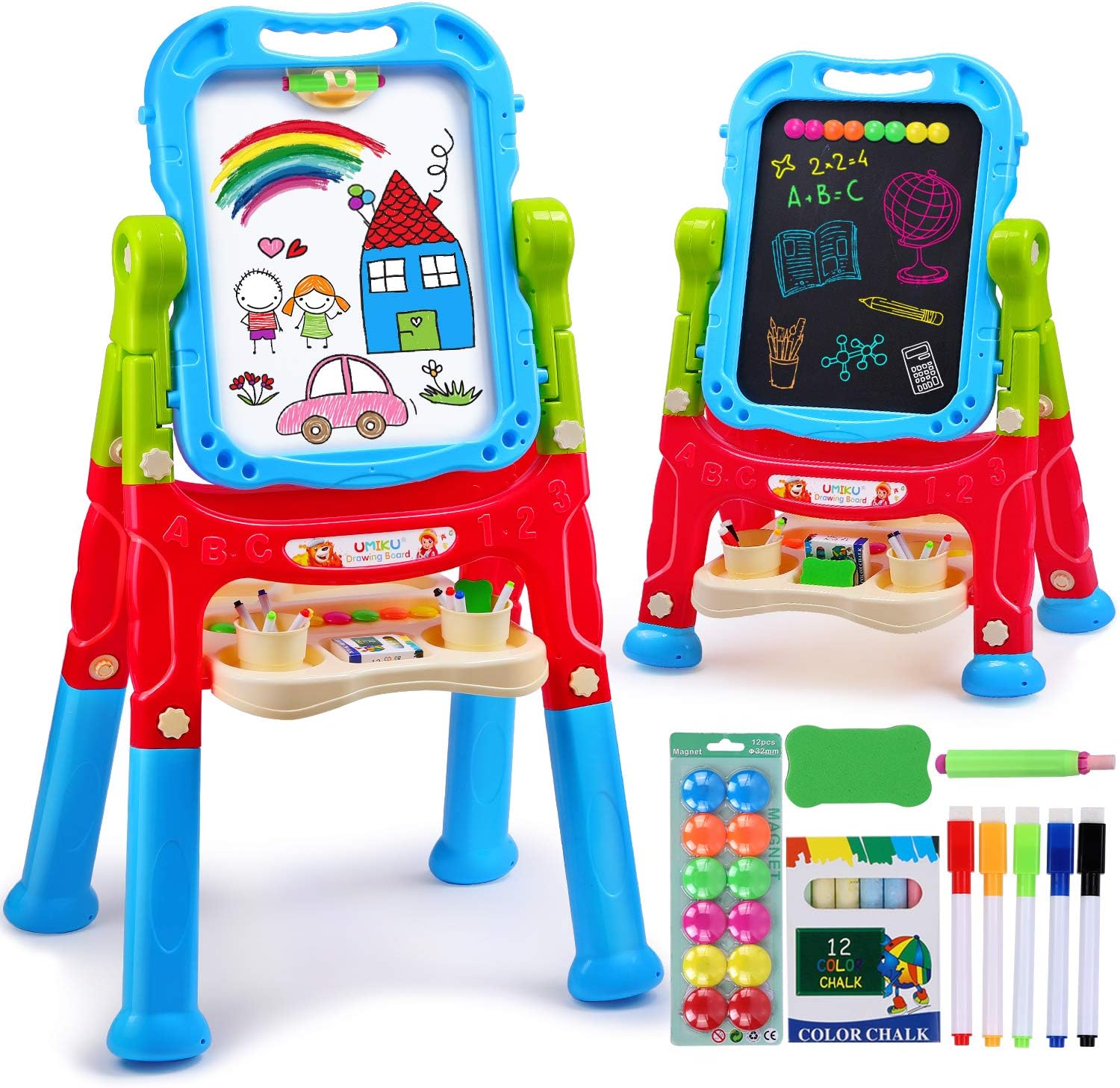 4 in 1 Art Easel for Kids Double Sided Painting Easel Chalkboard & Magnetic Dry Erase Board Adjustable Height Toddler Toys Gifts for  Girl Boy with Kid Art Supplies