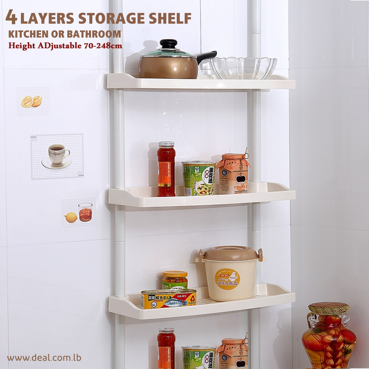 4 layers storage shelf for Kitchen or bathroom - Height Adjustable 70-248cm