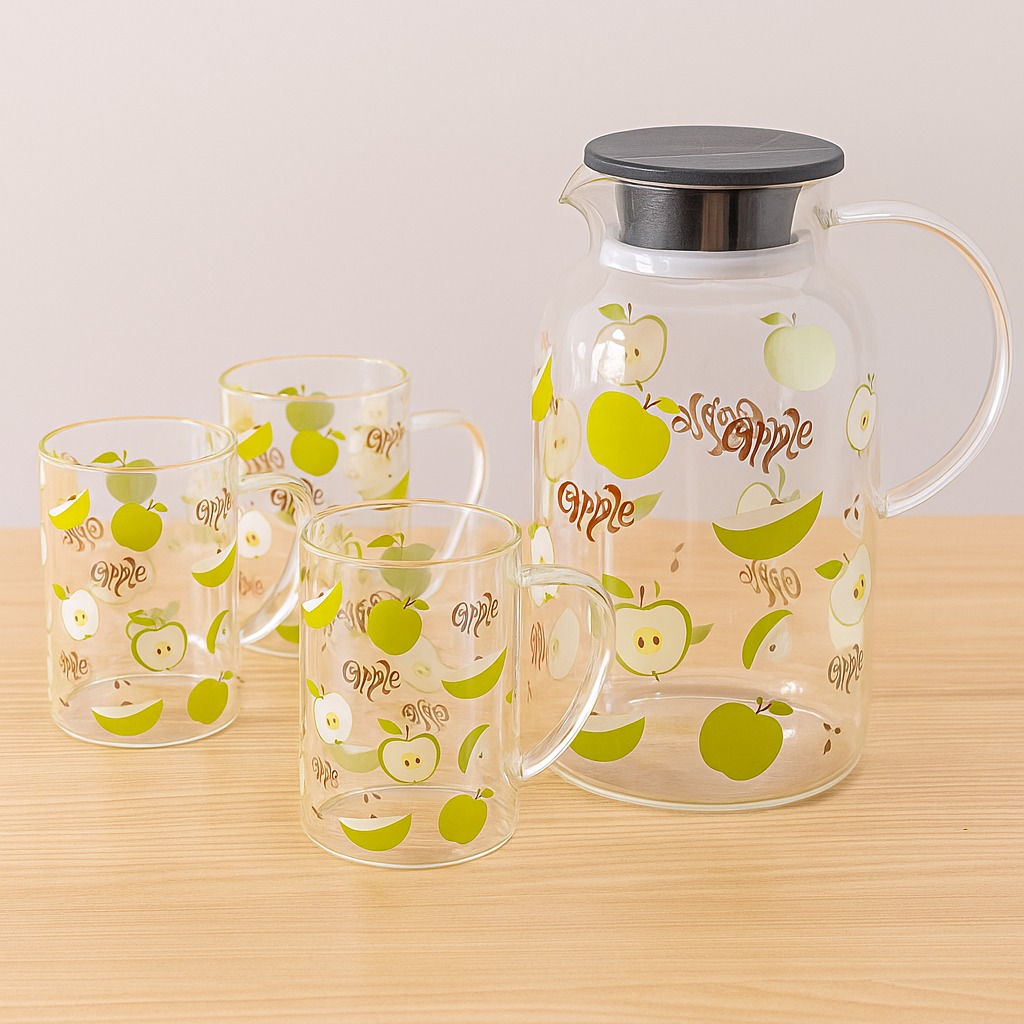 5-Pieces Glassware Set طقم زجاج 5 قطع – أبريق وكاسات بتصميم التفاح