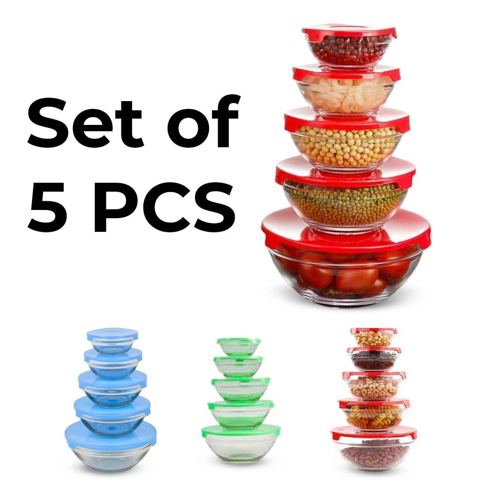 طقم 5 علب زجاج بغطاء بلاستيك | 5 PCS Glass Bowl Set