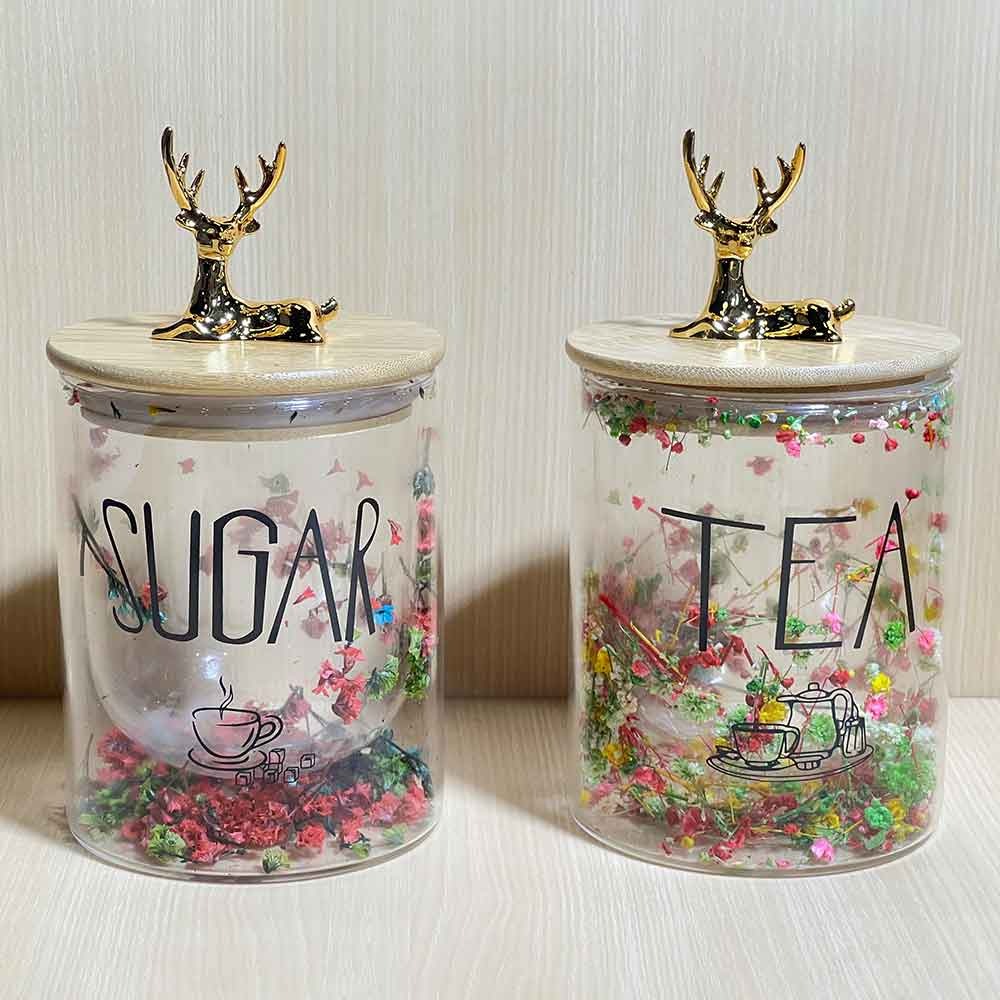 500ML Elegant Double Glass Storage Jar with Golden Deer