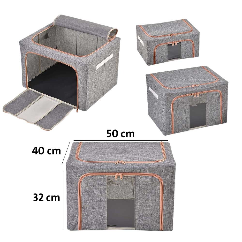 50x40x32cm Fabric Storage Box with Metal Frame,Large Capacity Storage Box with Zips,Grey Storage Box