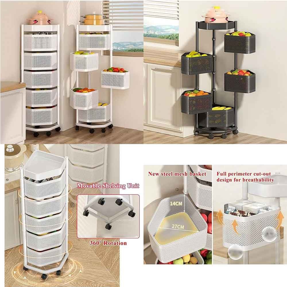 6 Layer Rotating Fruit Storage Basket Kitchen Storage Unit,Vegetable Rack Movable Corner Shelf for Bathroom Living Room,Bedroom,Standing Rolling Storage Cart