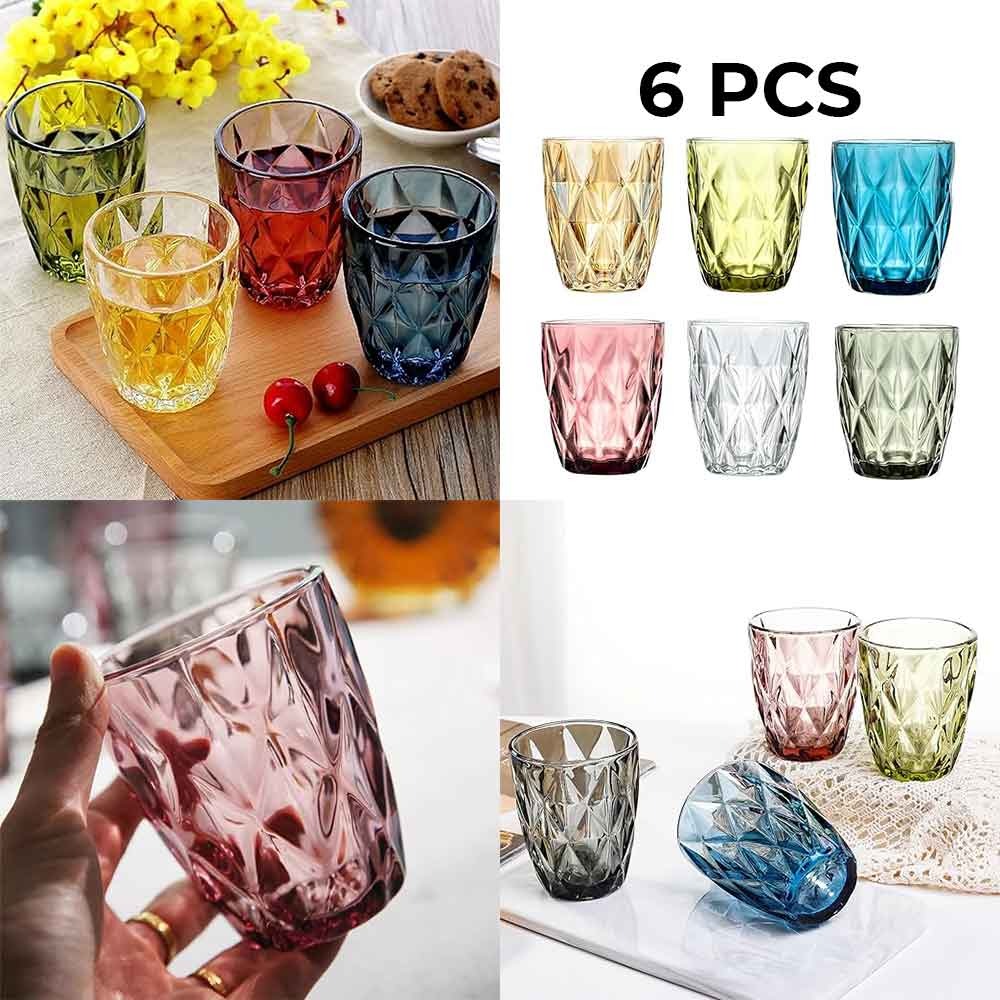 6-Pieces Colored Glass Tumbler Set,Diamond Drinking Glasses,10 oz Vintage Glassware Old Fashioned Beverage Glasses 280ML