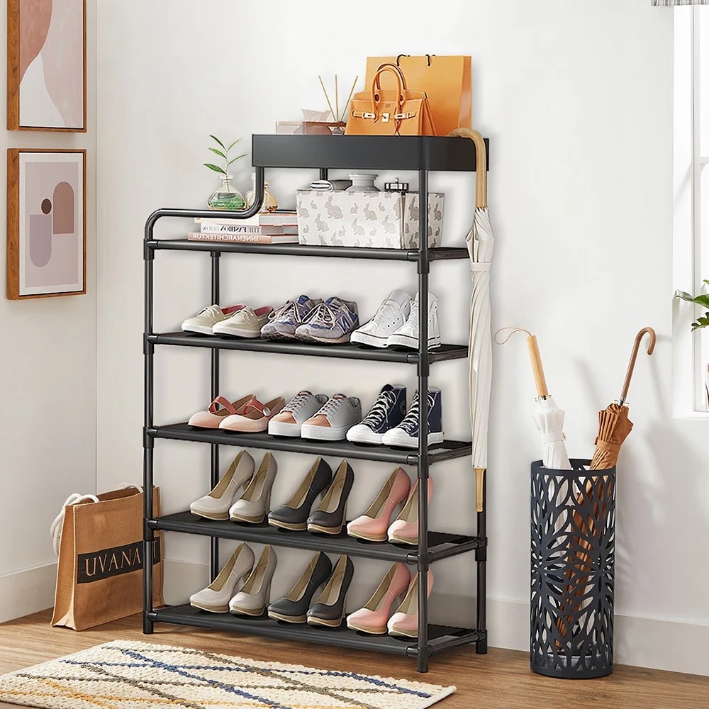 6-Tier Free Standing Shoe Rack Shoe Shelf, Entryway Shoe Organizer Storage Cabinet, with 5 Fabric Shelves and Storage Top for Bags or Shoes